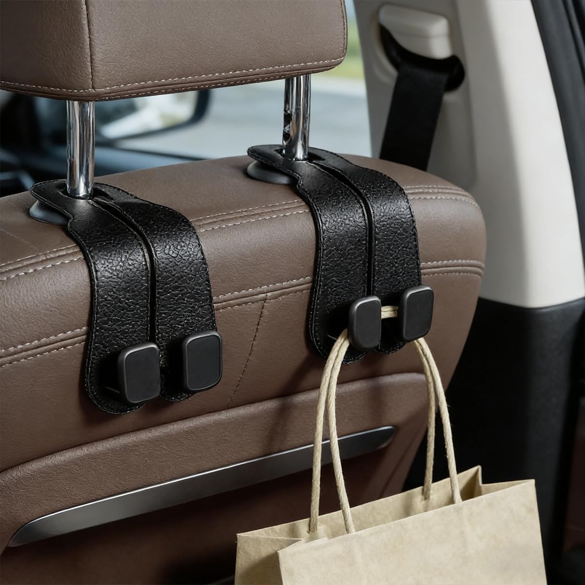 4-Pack Car Seat Back Double Hook, Double Hooks for Car Seat Back Organizer, 360° Rotatable Purse Holder, Heavy Duty Seat Hooks for Bags, Groceries, Handbags (Black)
