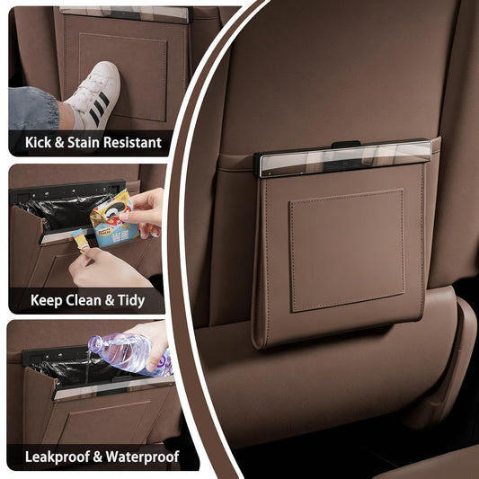 Premium Leather Car Trash Can, Slim Odor-Proof Hanging Garbage Bag with Magnetic Closure, Waterproof Auto Car Seat Organizer (Includes 2 Rolls of Bags) (Brown)