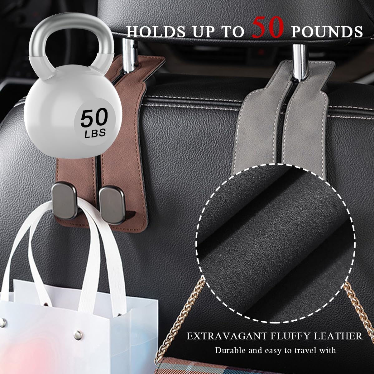 2 PCS Car Seat Headrest Hook, Back Seat Hanger with Double Flexible Leather Hooks, Soft Leather Double Headrest Metal Hooks Purse Handbag Organizer, Car Accessories (Brown)