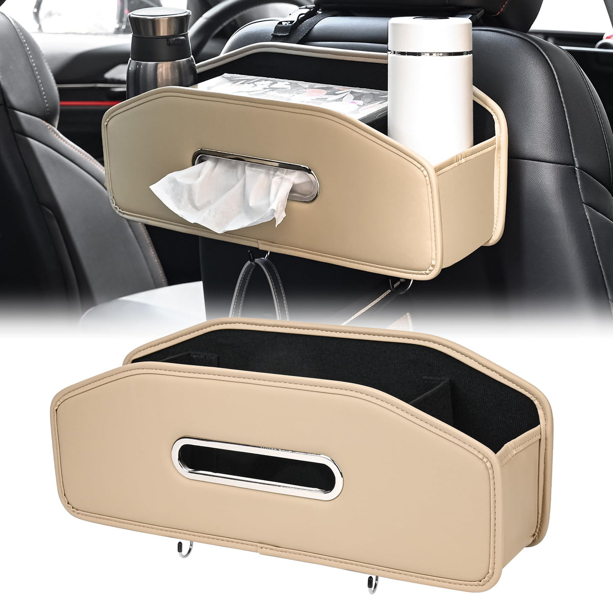 JEYODA Car Seat Back Organizer with 2 Drink Cup Holder,Car Tissue Holder and Storage Box Hook, 3 in 1 Multifunctional Storage for Food Drink Phone, Travel Accessories (Grey)