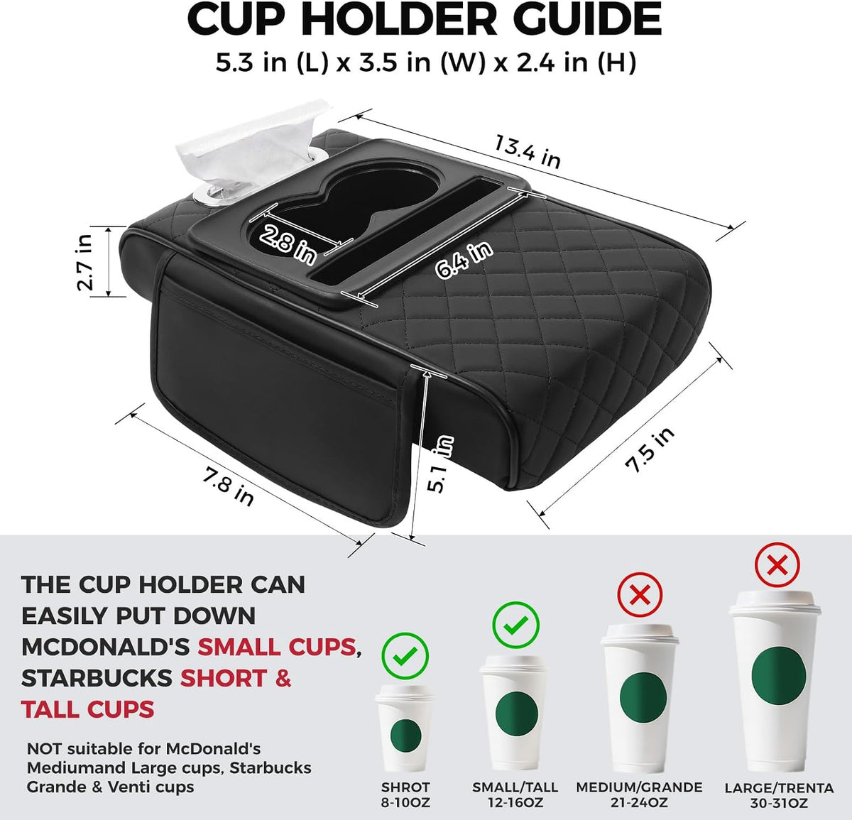 FREESOO Universal 5-in-1 Car Middle Center Console Cover with Cup Holder