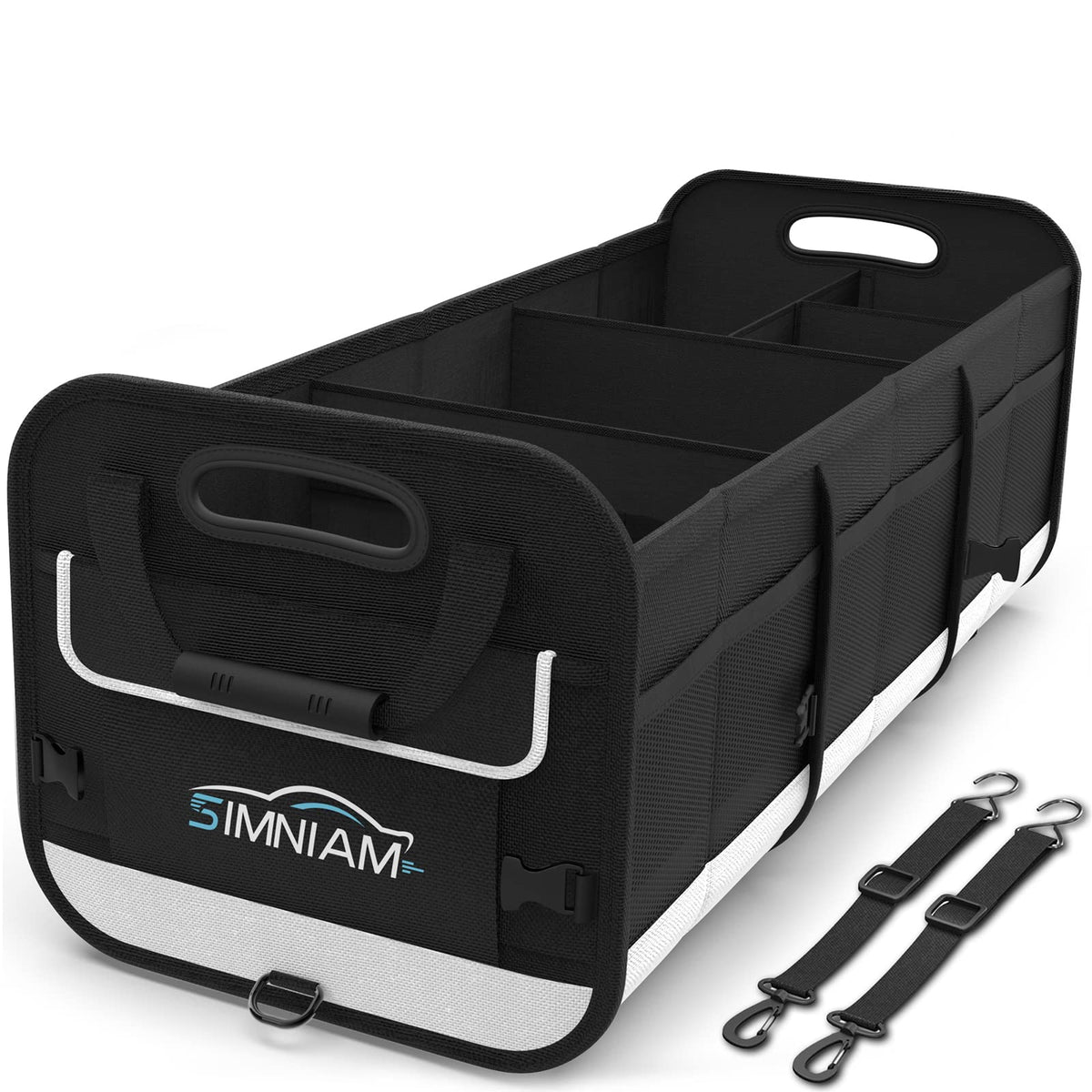 Simniam Car Trunk Organizer with Insulated Grocery Bag- 110L High Capacity Car Storage Box, with 4 Compartments, Reflective Strip, Cover, for Auto, SUV, Truck, Minivan