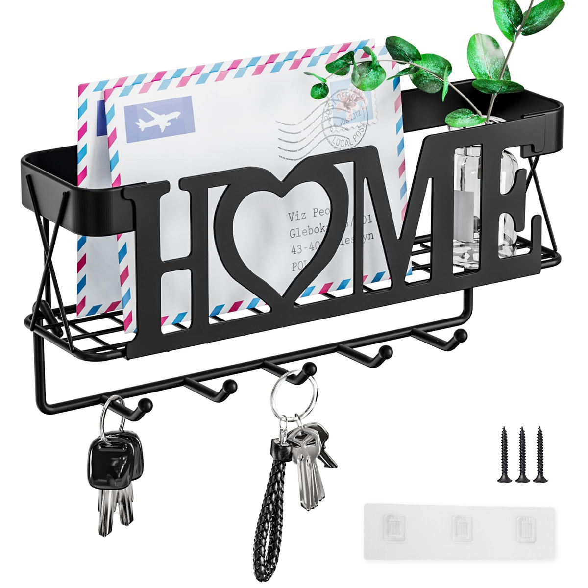 Key Holder Wall Mount Adhesive- Key and Mail Holder for Wall with 5 Hooks, Wall Mounted Mail Organizer and Key Rack, Modern Basket Key Hanger for Entryway, Home, Living Room Wall Decor, Black