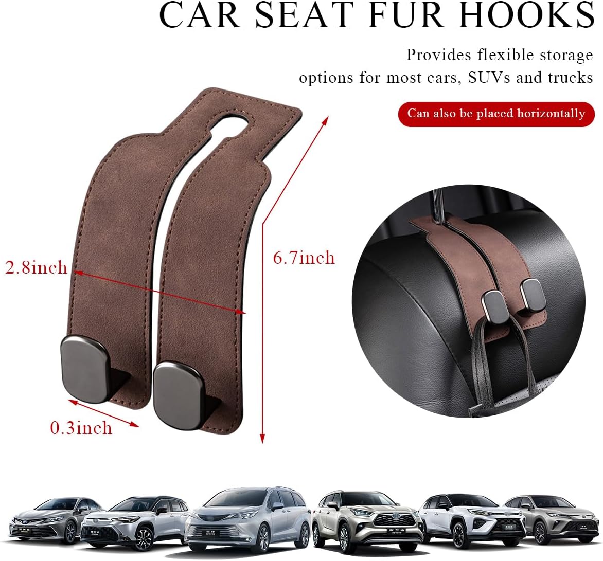 2 PCS Car Seat Headrest Hook, Back Seat Hanger with Double Flexible Leather Hooks, Soft Leather Double Headrest Metal Hooks Purse Handbag Organizer, Car Accessories (Brown)