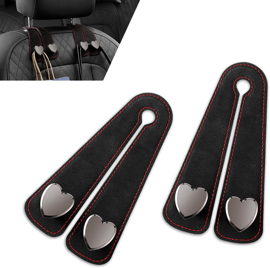 2 PCS Car Seat Headrest Hook, Suede Cute Heart Shape Metal Double Head Purse Hook, Universal Automotive Seat Back Storage Hanger, Car Accessories for Women (Black)