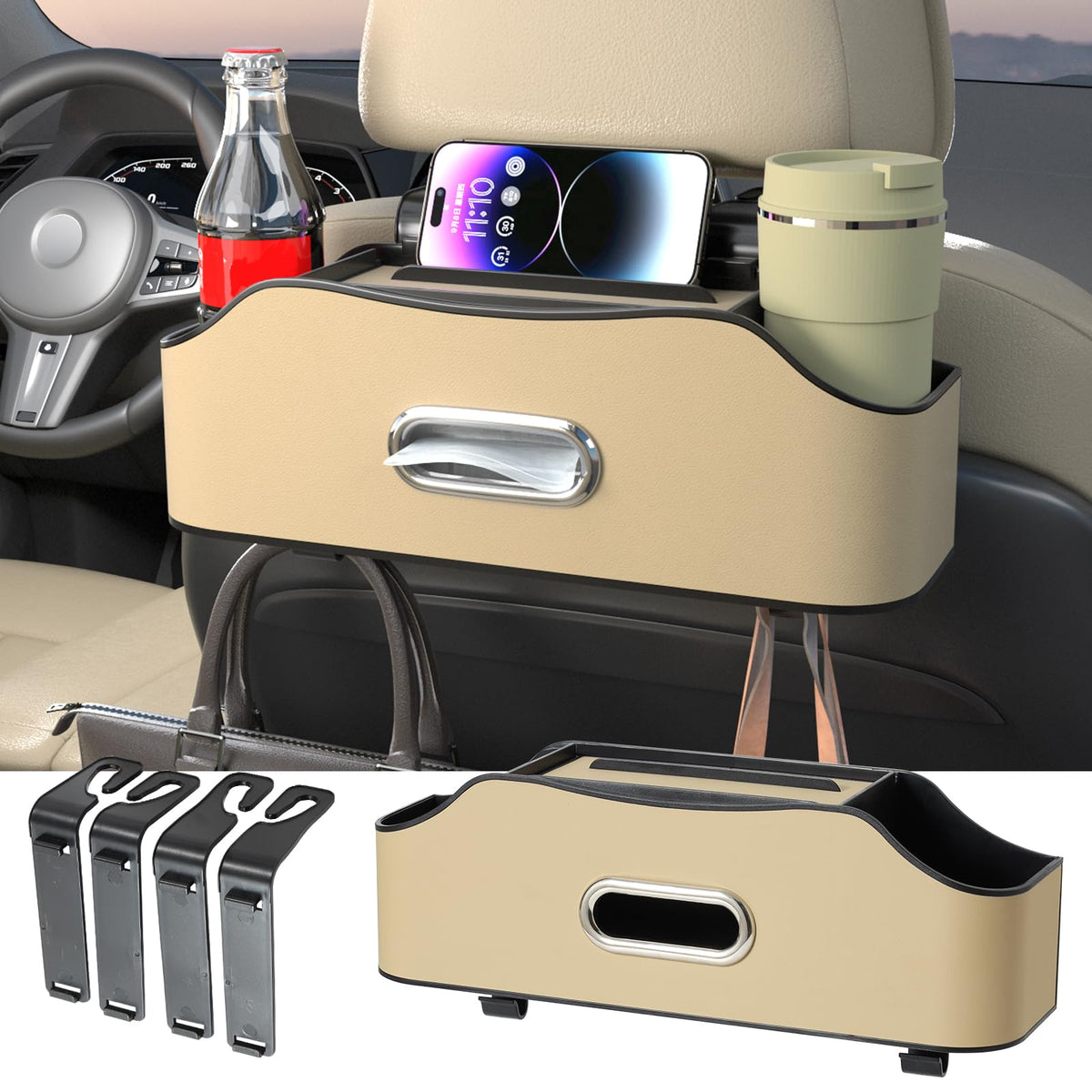 Back Seat Cup Holder for Car – Multifunctional Seat Back Organizer with Drink Holders, Tissue Box Storage & Hooks, Fits Headrest for Auto. (White)