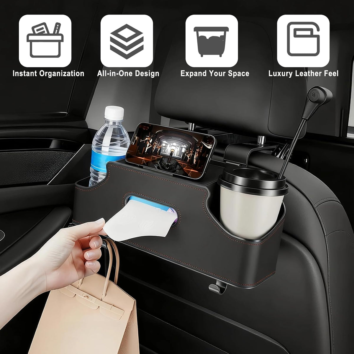 Backseat Car Organizer with Cup Holder, Car Seat Back Organizer, Black