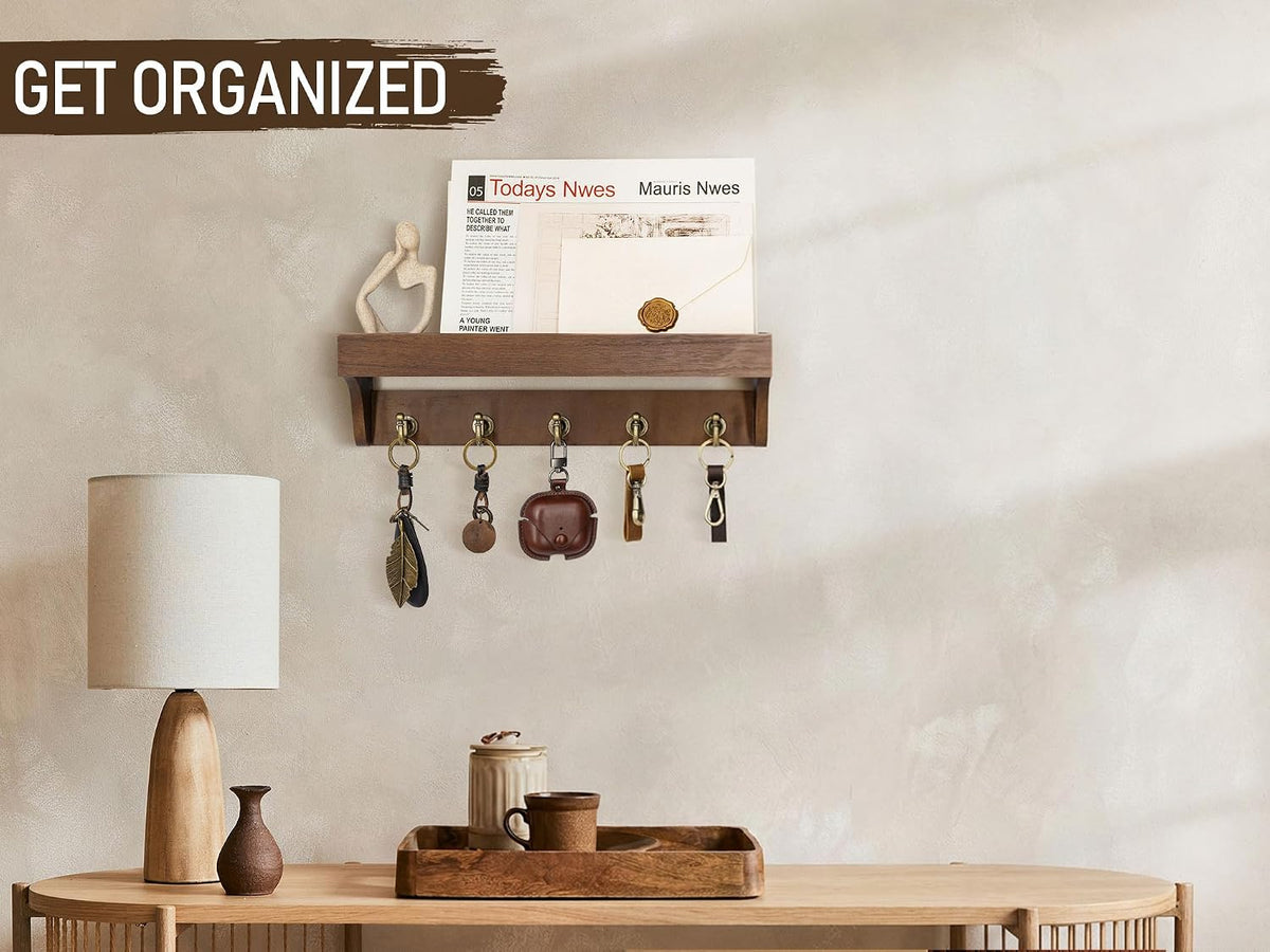 Rebee Vision Key Holder Wall Mount with 5 Hooks for Entryway, Retro Brown