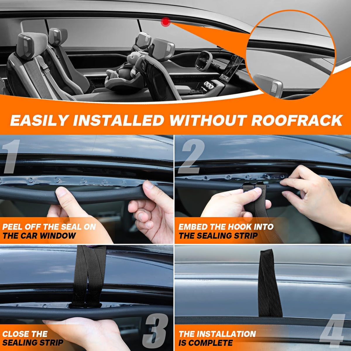 6 Rooftop Cargo Tie Down Hook Straps-Secure Any Car Roof Bag, Roof Rack Cargo Carrier,or Car Top Carrier,Durable and Solid, No Roof Rack Required, Compatible with Most Cars - Registered Patent (black)