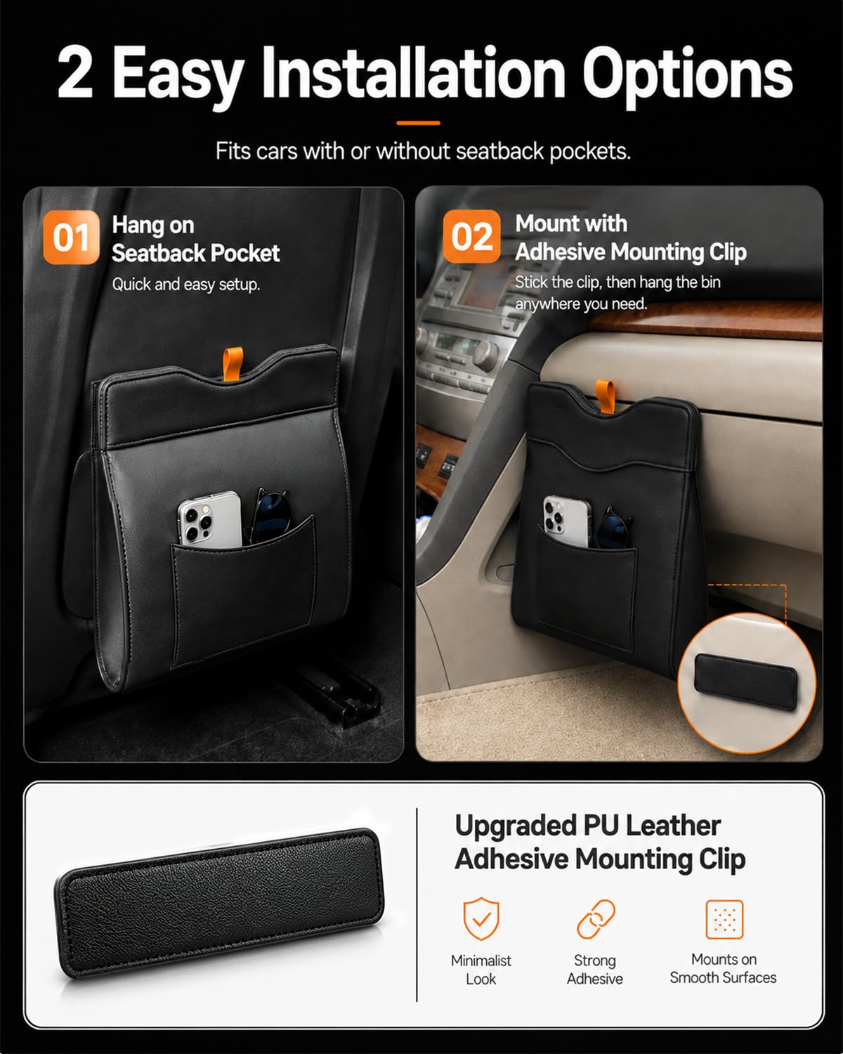 Leather Car Trash Can, LeakProof Waterproof Car Garbage Can with 60 Liners