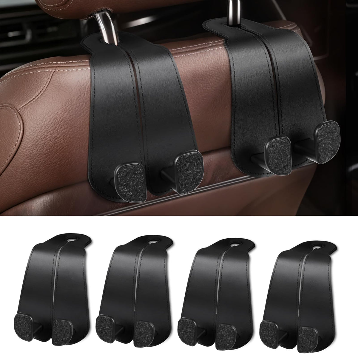 CoBak Purse Hook for Car - Universal Premium Stitched Leather and Aluminum-Magnesium Alloy Double Car Seat Back Storage Hook for Purses, Handbags, Bags (2 Pack),Beige