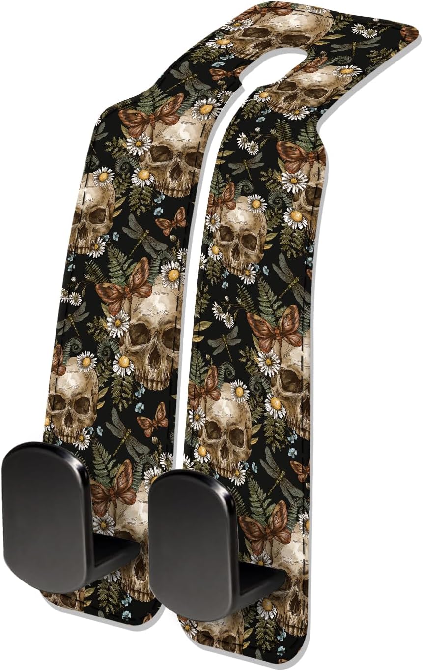Car Seat Headrest Hook, Universal Leather Cute Hanger Holder Hook, Storage Organizer Interior Accessories for Purse Bags Handbag Cute Retro Flower Skulls