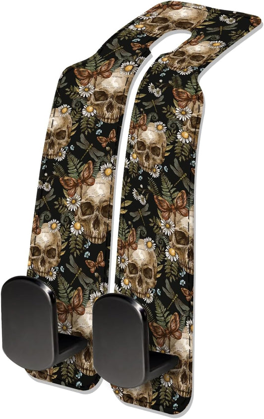 Car Seat Headrest Hook, Universal Leather Cute Hanger Holder Hook, Storage Organizer Interior Accessories for Purse Bags Handbag Cute Retro Flower Skulls