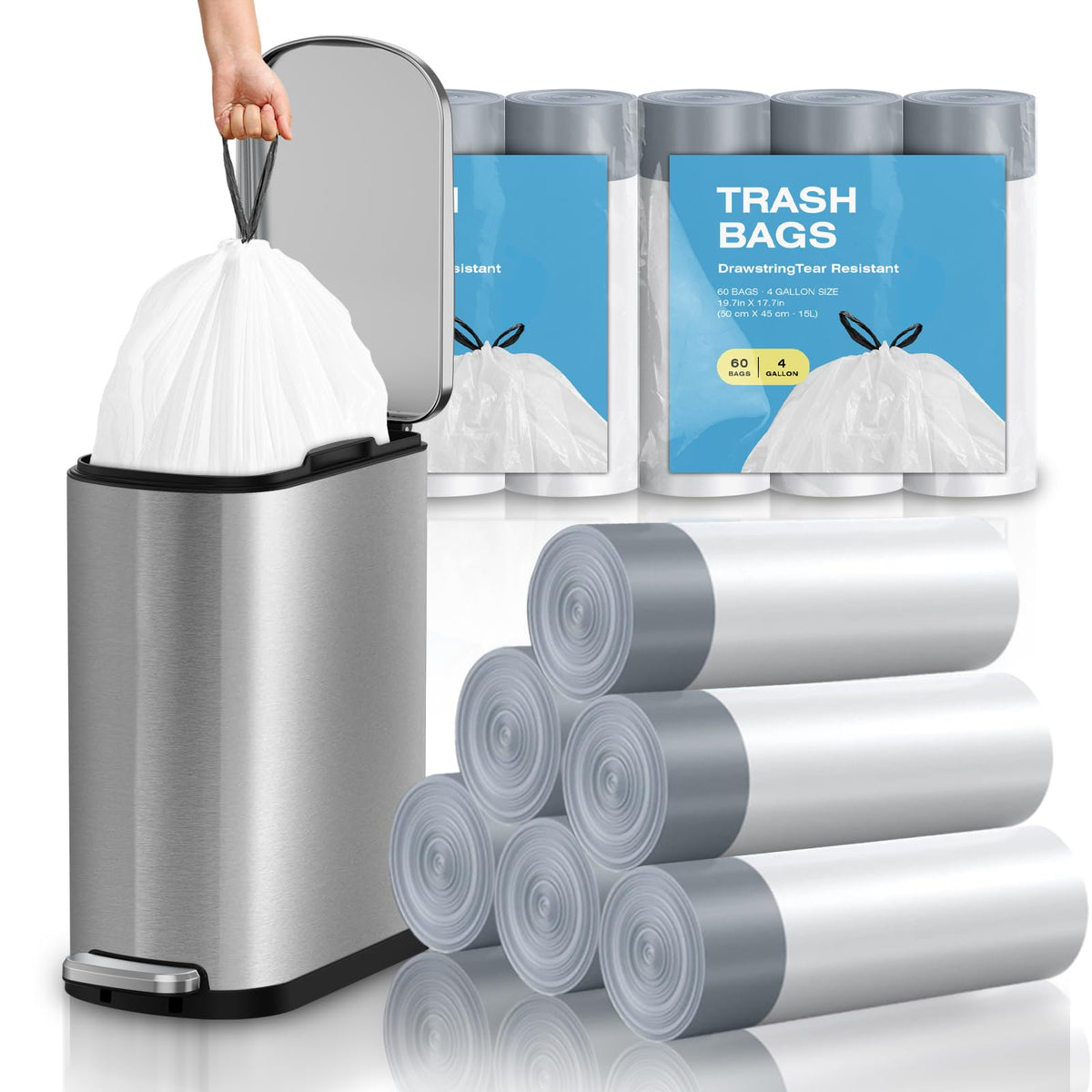 120 Counts 1.6 Gallon Mini Drawstring Trash Bags, Small Garbage Bags by KSSKSS, Code a fit 4.5-8 Liter, 1.2-2 Gal, White Trash Bin Liners for Home Office Kitchen Bathroom Bedroom