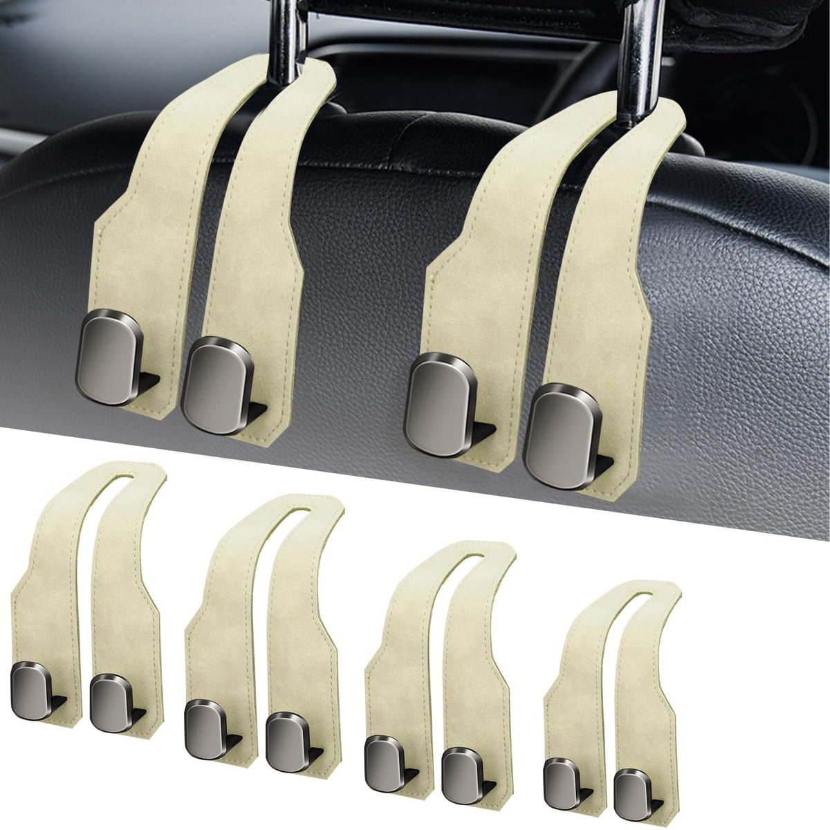 Car Purse Hook, Car Seat Headrest Hooks, Grey Leather 4 Pack