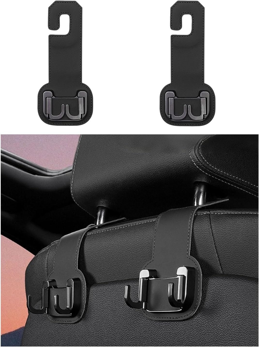 Headrest Hooks for Car, Car Seat Back Organizer Storage Hook, 2 Pack, Black
