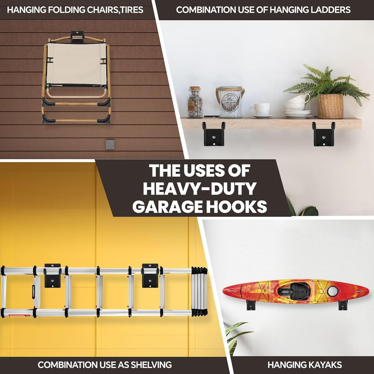 14" Large Heavy Duty Garage Hooks, Steel Garage Storage Hooks with Support Rods, Utility Wall Mount Hangers for Power Tools, Car Tires, Ladders, Chairs, Garden Tools and More (2-Pack 14" Heavy Hooks)