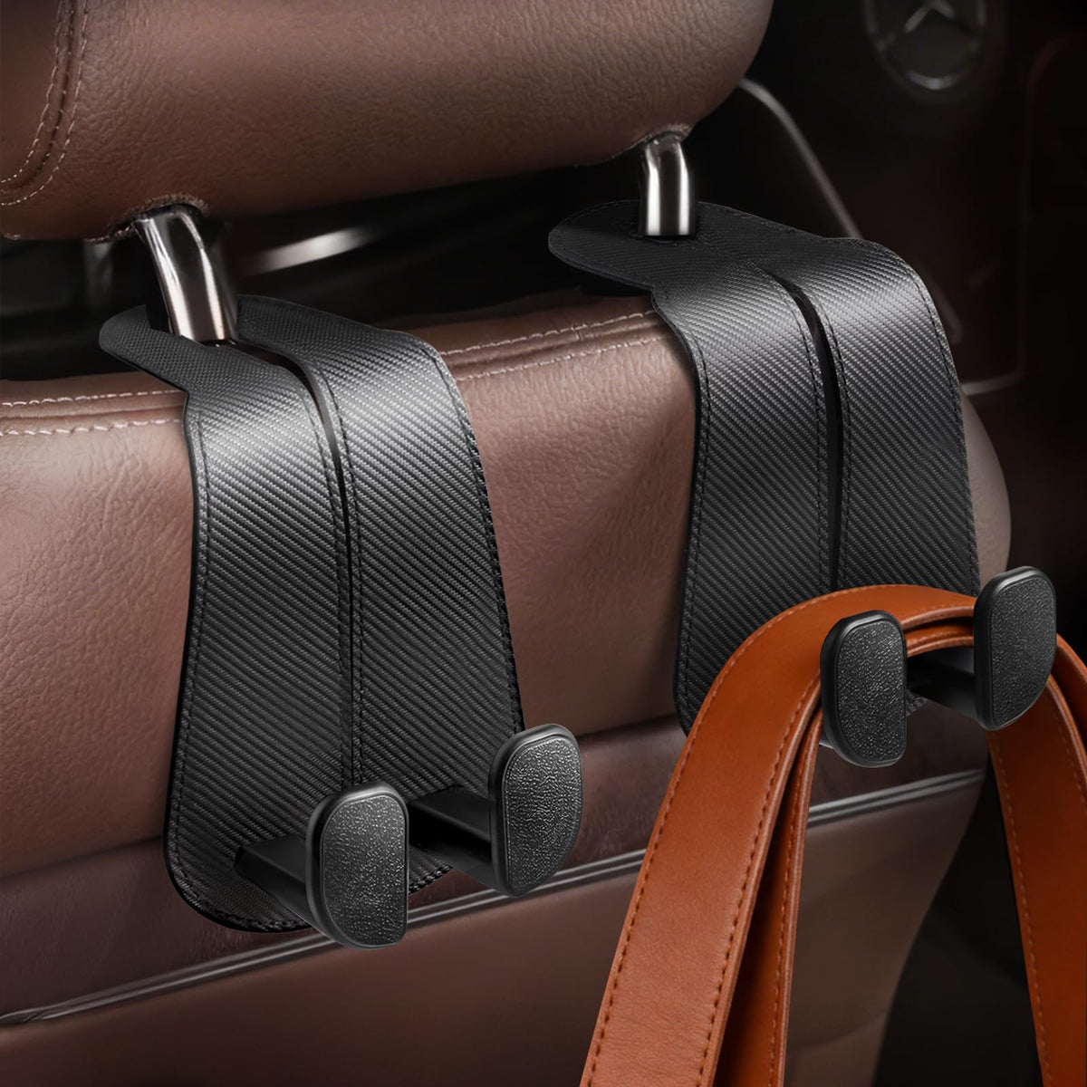 CoBak Purse Hook for Car - Universal Premium Stitched Leather and Aluminum-Magnesium Alloy Double Car Seat Back Storage Hook for Purses, Handbags, Bags (2 Pack),Beige