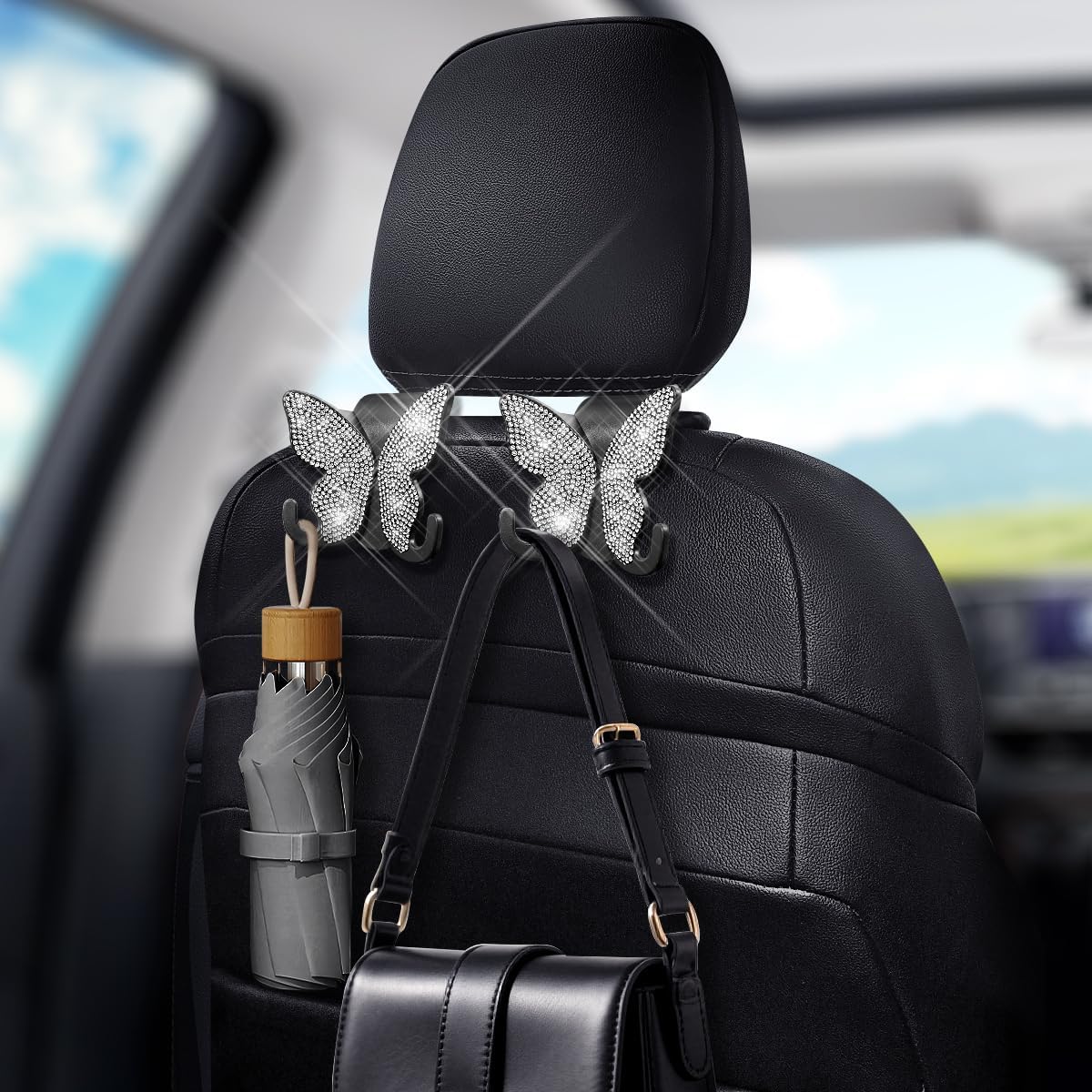 2 Pack Butterfly Bling Car Seat Headrest Hooks for Purses and Bags Aesthetic Design Car Hooks Rhinestones Hanger for Car Back Seat Organizer Storage Hook Bling Black Car Accessories for Women