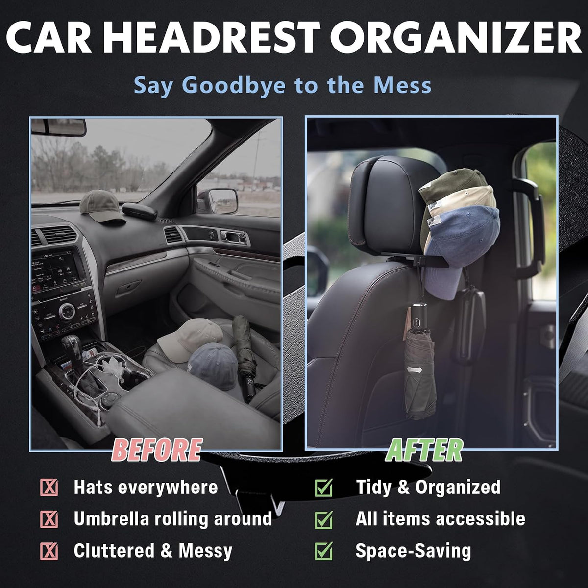 Headrest Hat Holder for Cars & Trucks, Holds 5 Caps