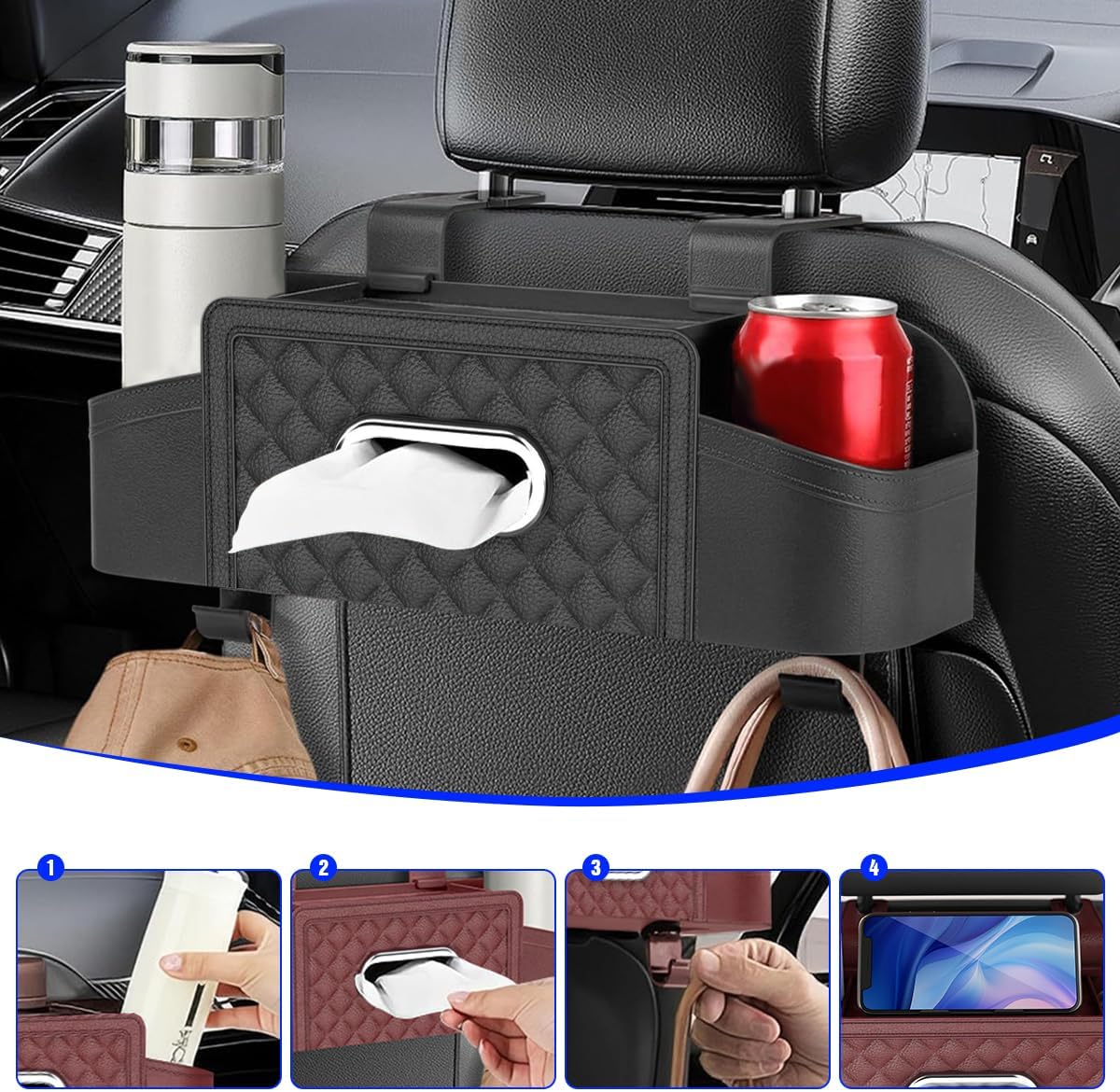 Mandark Headrest-Mounted Backseat Organizer with Cup Holders, Black
