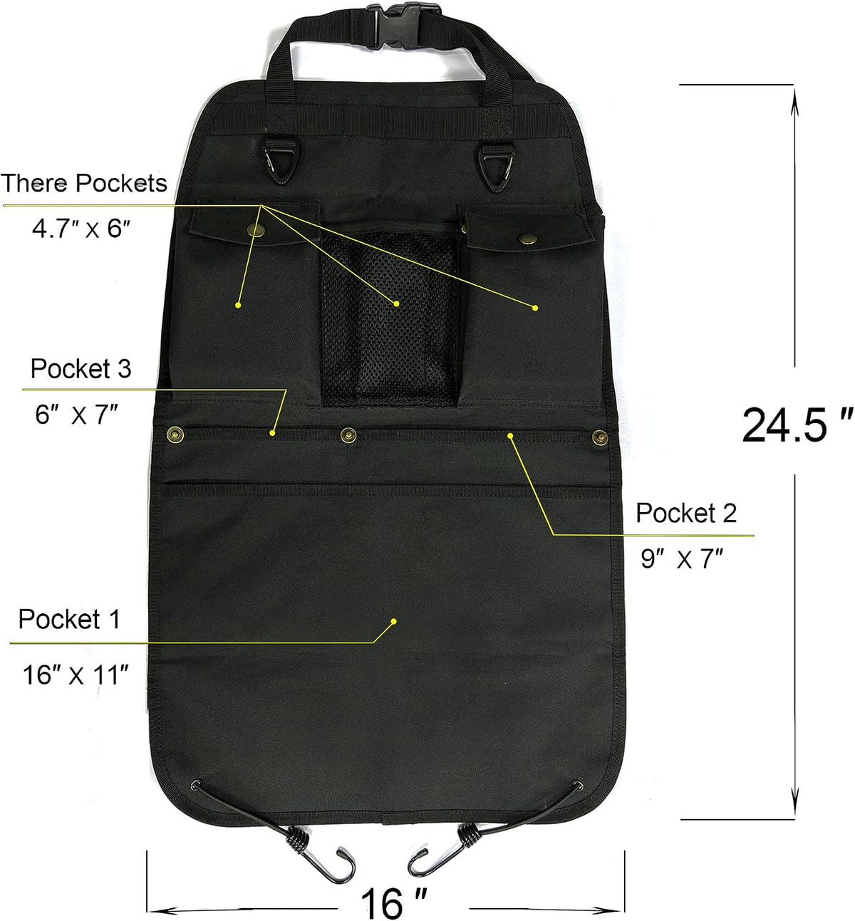 Black Car Seat Back Organizer with Multiple Pockets and Hooks