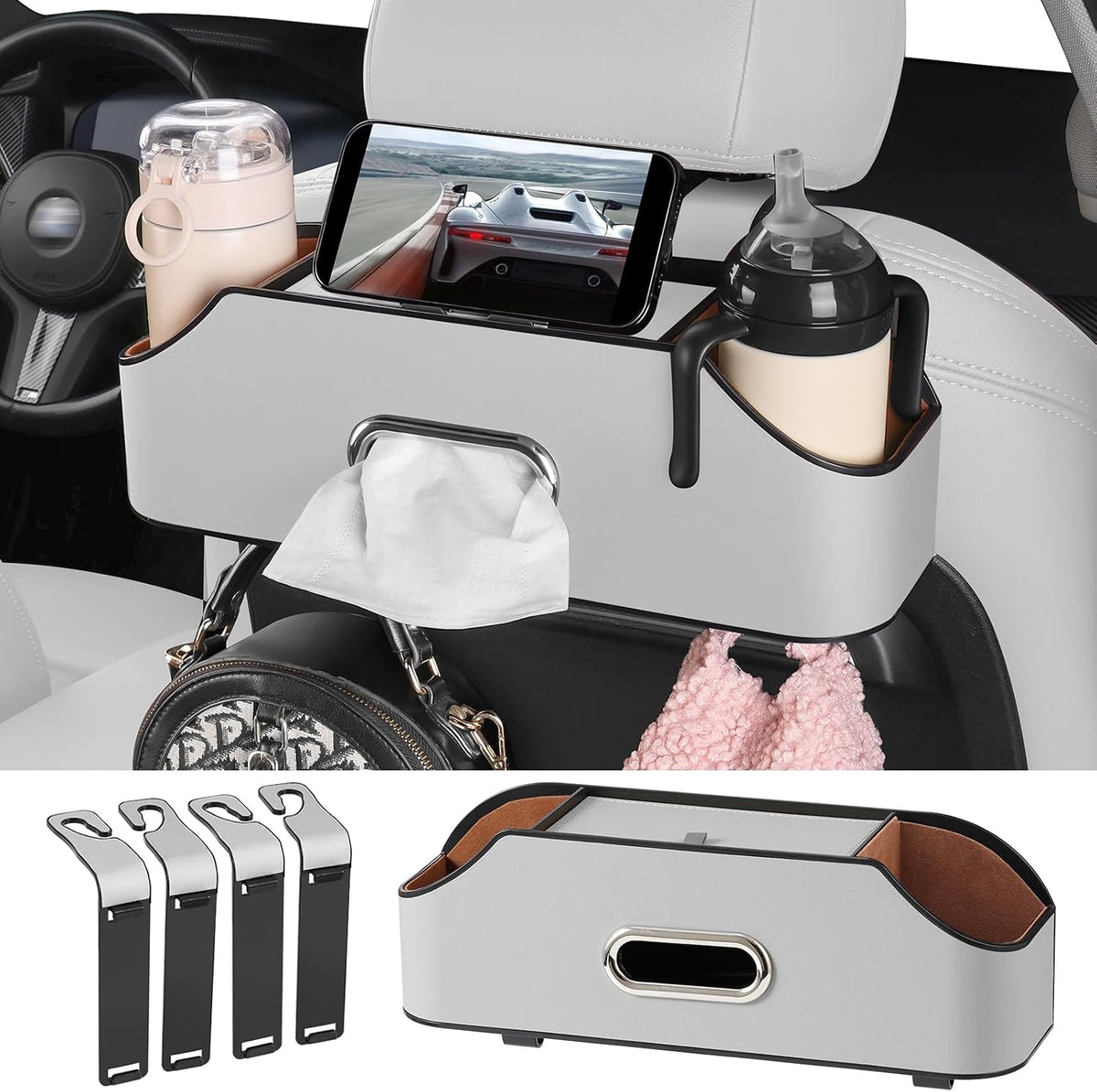 Car Seat Back Cup Holder, 4-in-1 Multifunctional Backseat Organizer with Tissue Box Storage & Hooks (Gray)