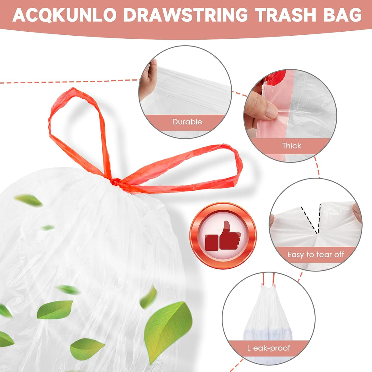 Small Trash Bags Bathroom 2 Gallon - Drawstring Kitchen Garbage Bag 125 Count Clear White Mini Unscented Strong Durable Bulk Wastebasket Plastic Liners for Car Office Can