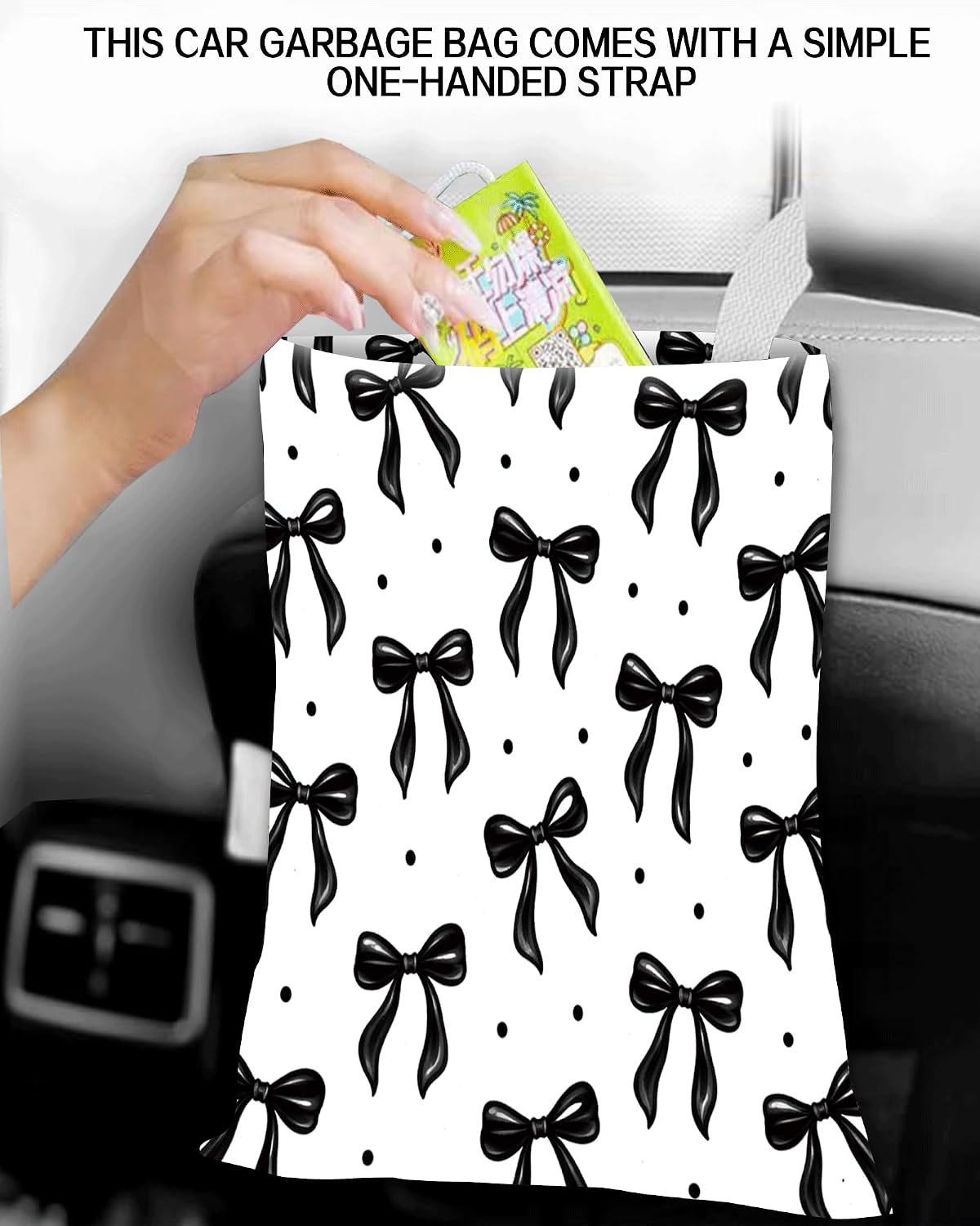 Car Trash Can, Durable Hanging Car Trash Garbage Bag, Cute Automotive Garbage Cans Organizer, Cute Black Bow