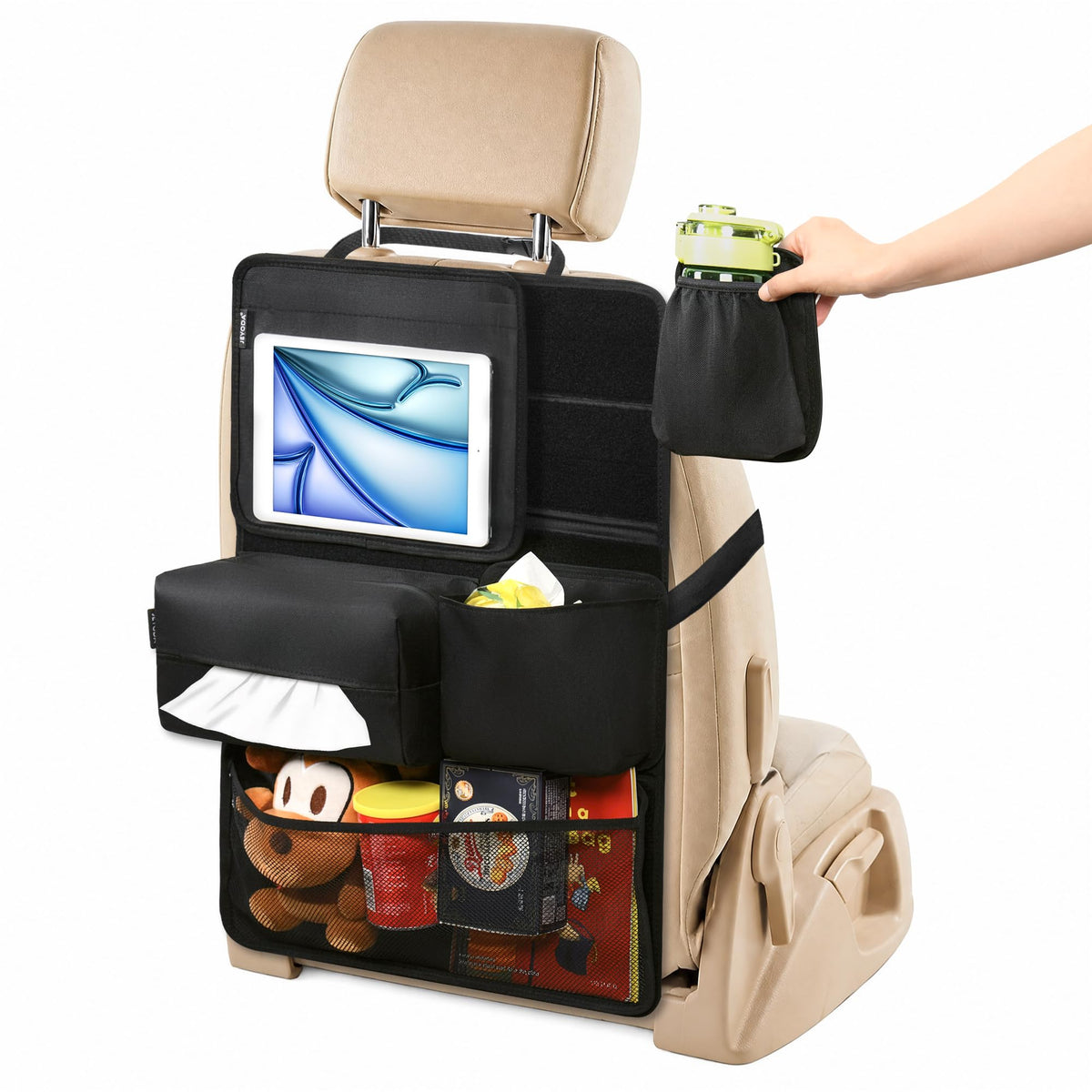 JEYODA Hook and Loop Backseat Car Organizer, Back Seat Storage Bag Kick Mats with Touch Screen Tablet Holder for Kids, Designed for Easy Removal, Installation and Cleaning (Standard Set(6 Piece))