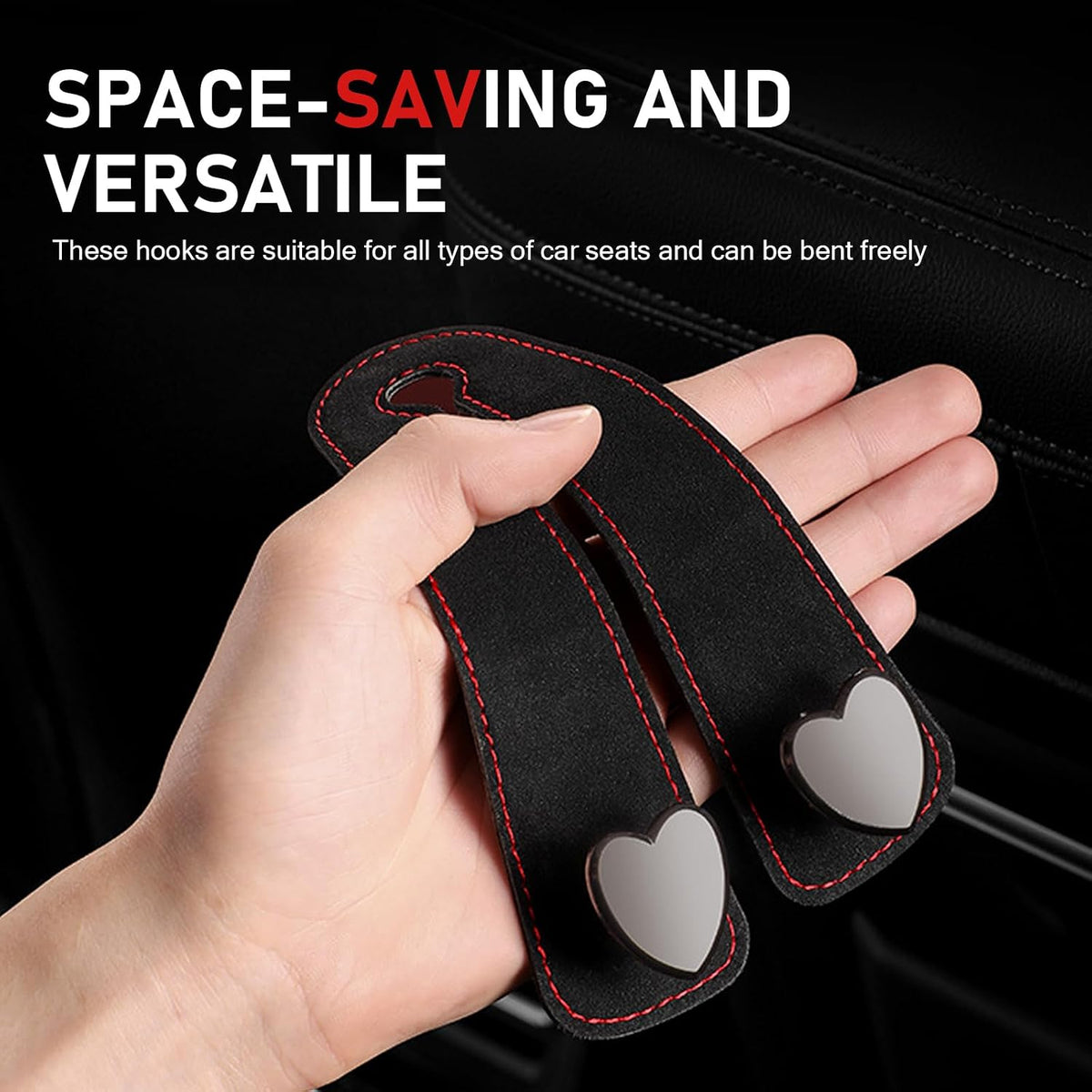 2 PCS Car Seat Headrest Hook, Suede Cute Heart Shape Metal Double Head Purse Hook, Universal Automotive Seat Back Storage Hanger, Car Accessories for Women (Black)