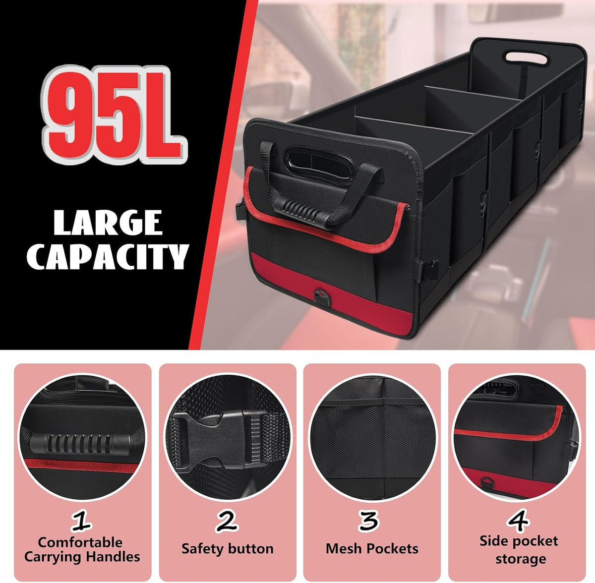 Car Trunk Organizer,Heavy Duty Collapsible 95 L Capacity Car Trunk Storage