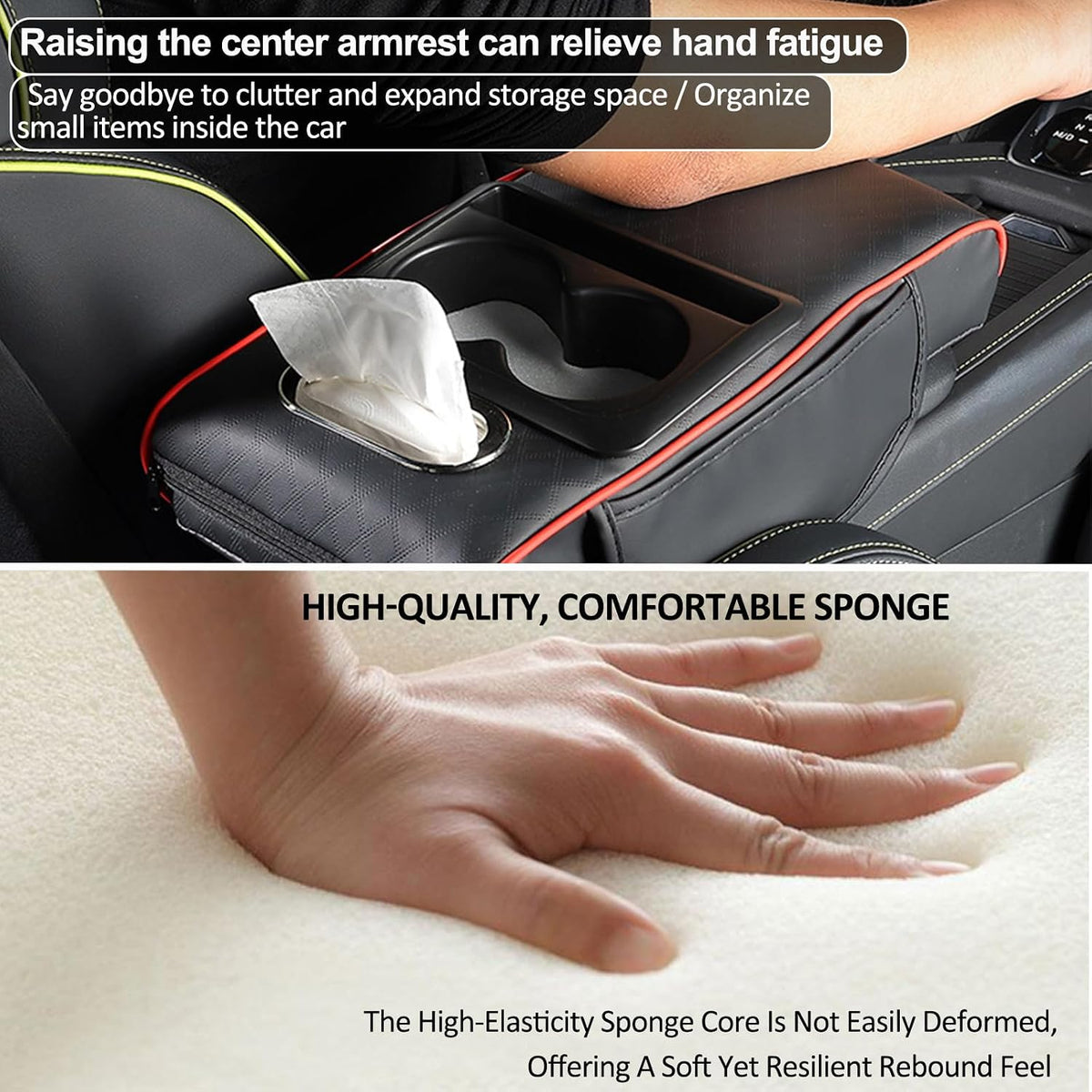 Center Console Cover,Car Armrest Cushion Multifunctional with 2 Storage Bags Cup Holder,Phone Slot,Tissue Box Slot for Most Cars Accessories Interior Organizers-Black+Red 13.8x7.9 in