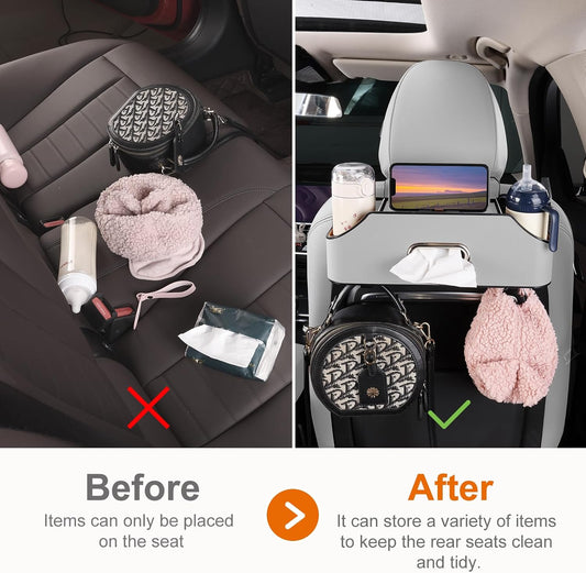 Car Seat Back Cup Holder, 4-in-1 Multifunctional Backseat Organizer with Tissue Box Storage & Hooks (Gray)