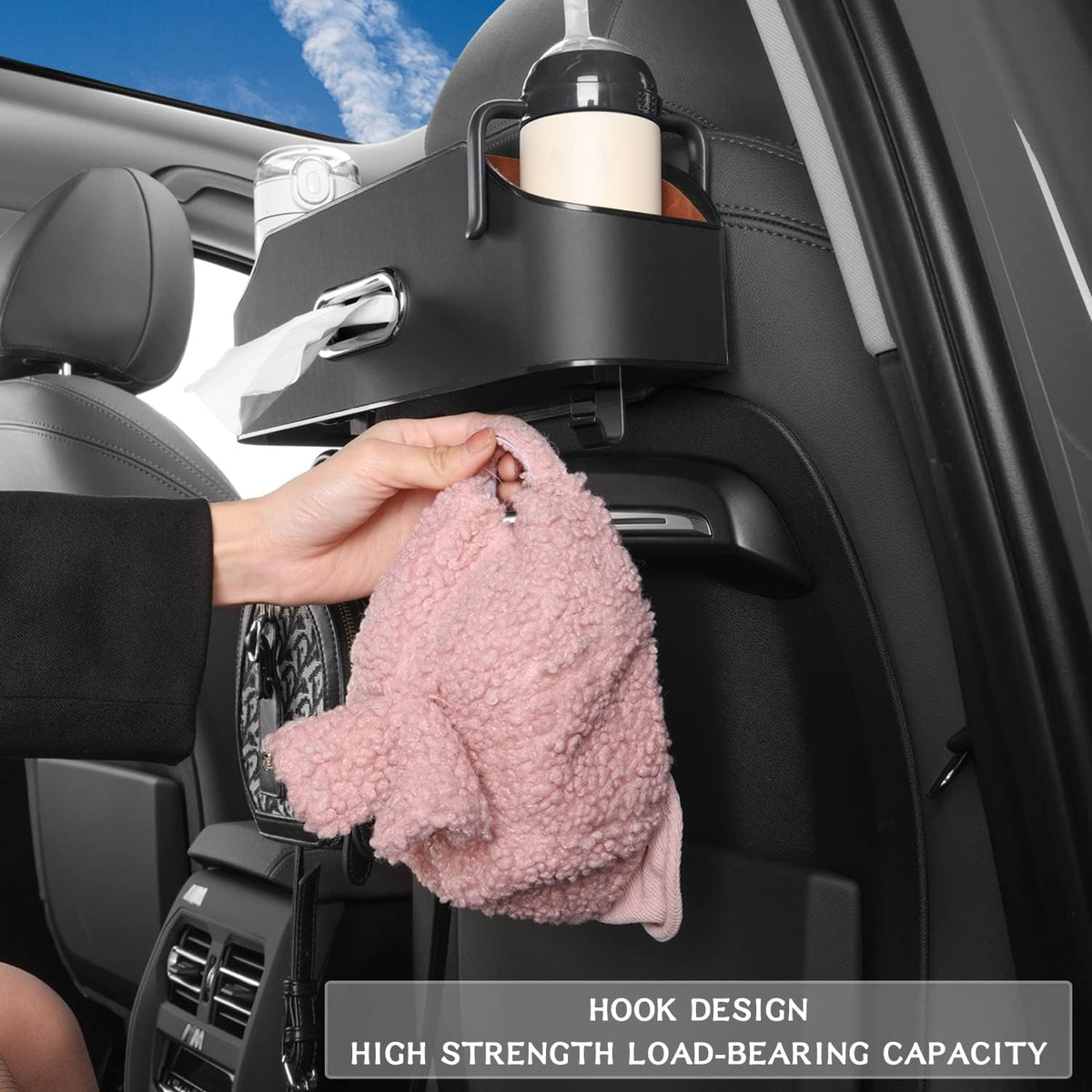 HOLDCY Car Back Seat Organizer with 2 Cup Holders, Tissue Storage, Black