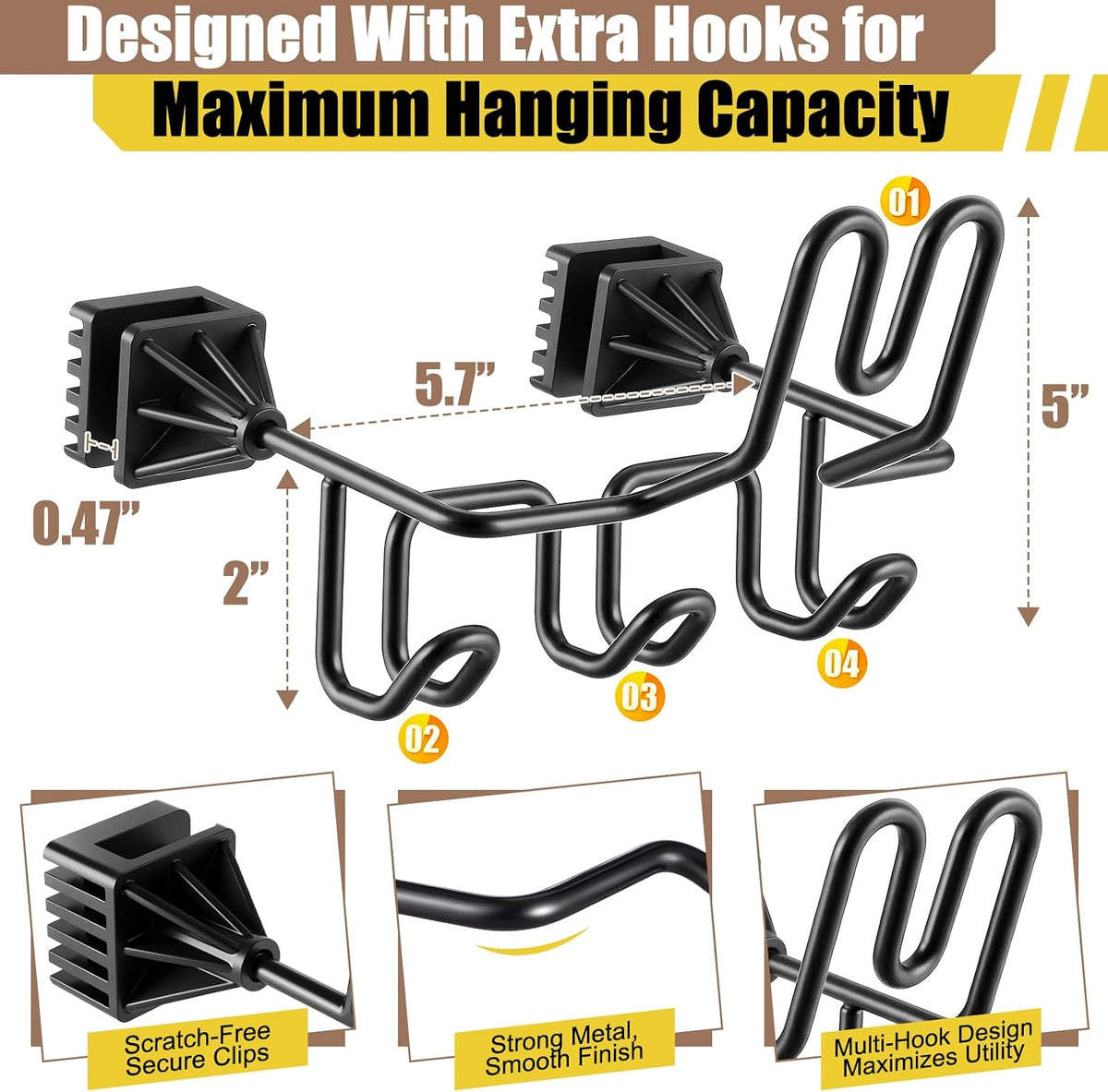 Hard Hat Holder for Truck Car Helmet Organizer, Triple Hooks, Black, 2 Pcs