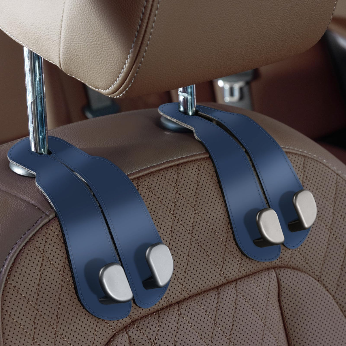 CoBak Purse Hook for Car - Universal Premium Stitched Leather and Aluminum-Magnesium Alloy Double Car Seat Back Storage Hook for Purses, Handbags, Bags (2 Pack),Beige