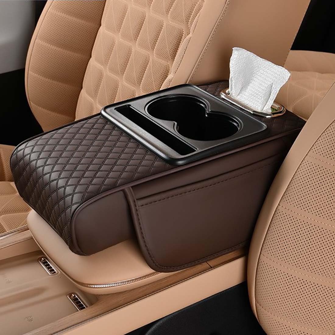 Car Armrest Cushion for SUV with Cup Holder 2.75" Height,5-in-1 Center Console Cover with 2 Storage Bags, Tissue Box Slot, Phone Slot for Sedans, Car Accessories Interior Organizers (Black)