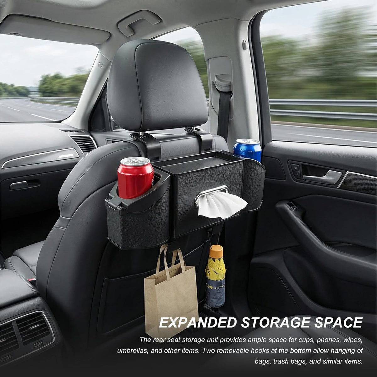 Car Backseat Organizer, 7-in-1 Auto Seat Back Drink Cup Holder Organizer with Tissue Box & Hooks, Multifunctional Vehicle Headrest Storage Box for Hold Phone Snacks Drinks (Black)