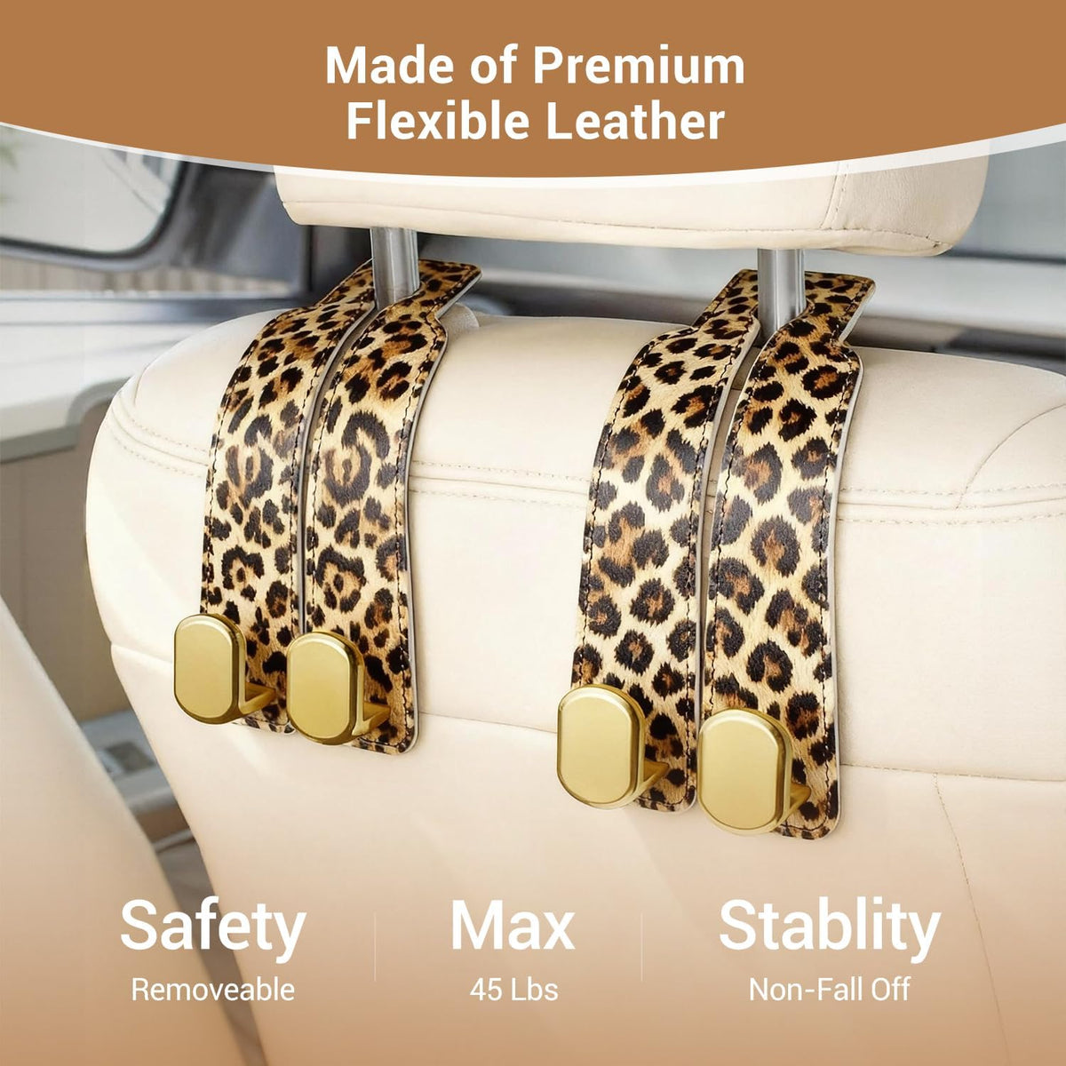2 Pack Purse Hook for Car Headrest, Car Seat Back Storage Hook for Purses and Bags, Car Back Seat Headrest Purse Holder, Hanger Storage Organizer (Leopard)