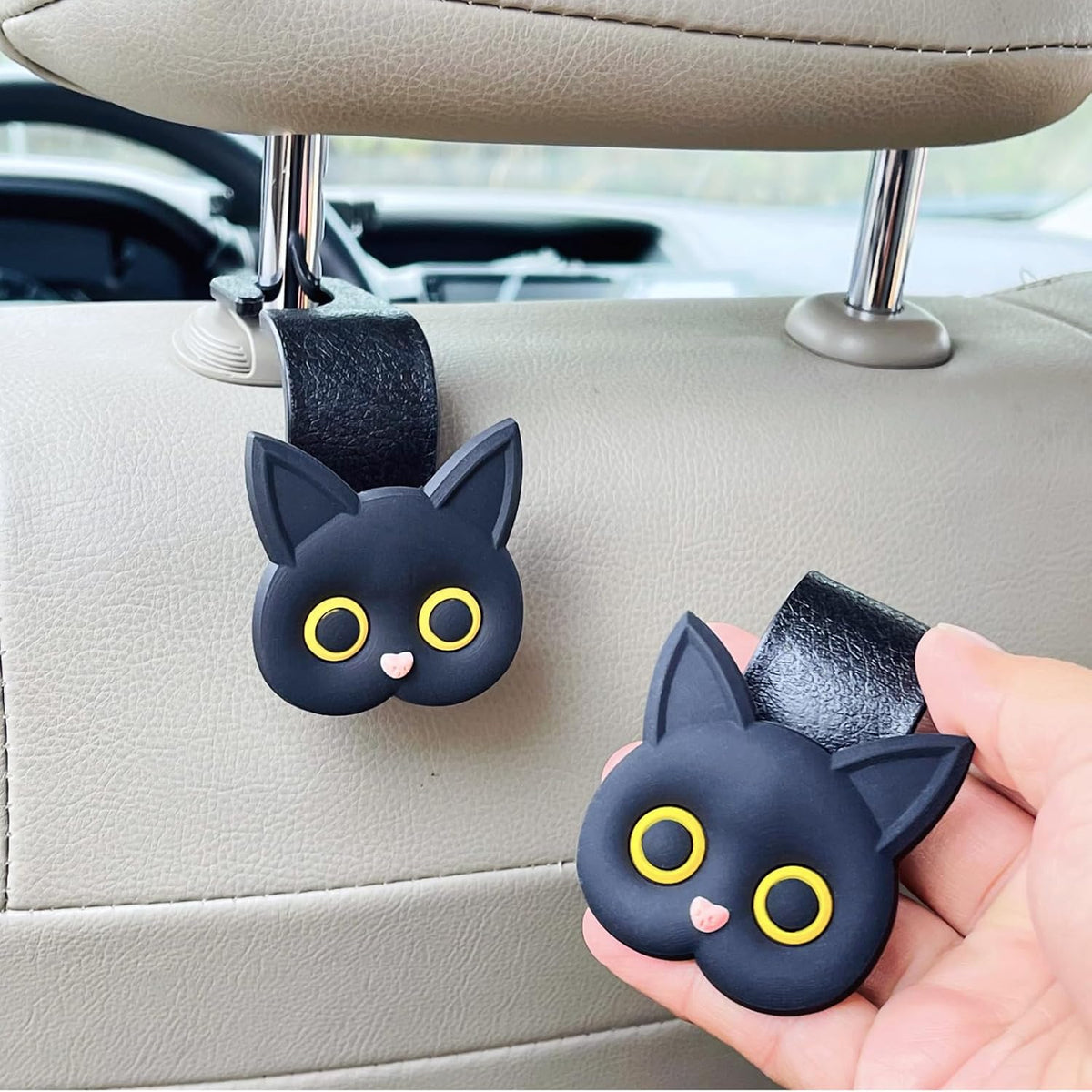 Car Seat Headrest Hooks, 2 Pack Black Cute Cartoon Cat Hook
