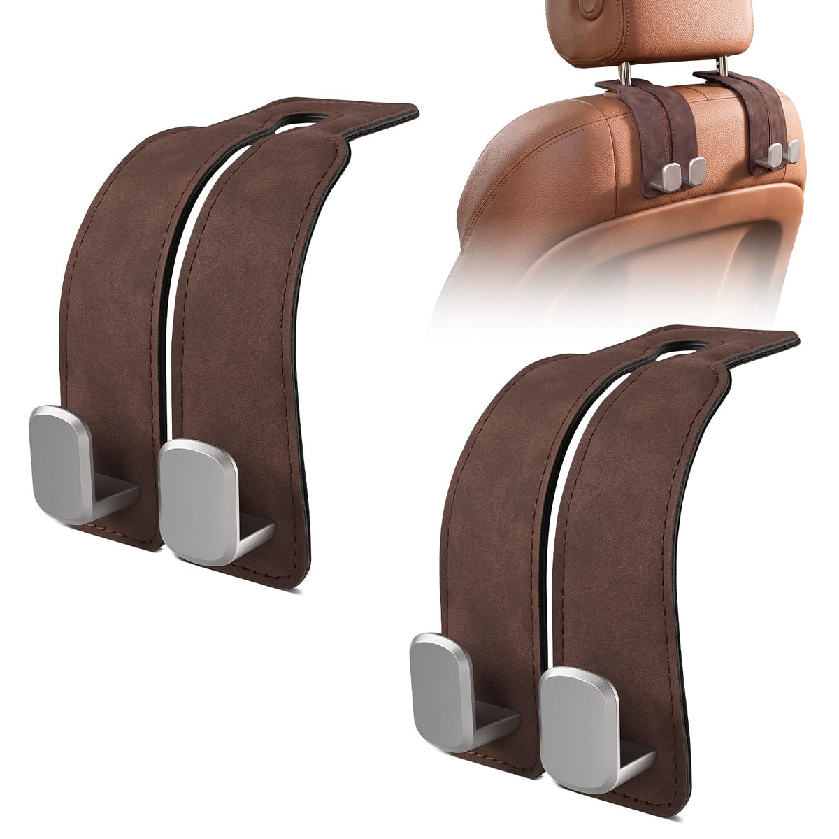 Suede Car Headrest Hooks Universal Heavy Duty Back Seat Hanger(Brown)