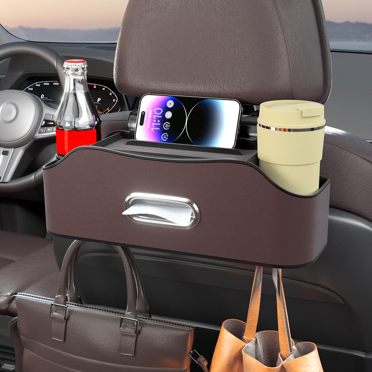 Back Seat Cup Holder for Car – Multifunctional Seat Back Organizer with Drink Holders, Tissue Box Storage & Hooks, Fits Headrest for Auto. (White)