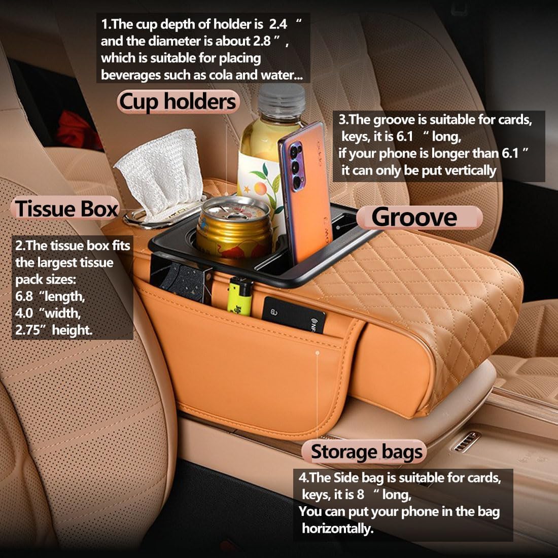 Car Armrest Cushion for SUV with Cup Holder 2.75" Height,5-in-1 Center Console Cover with 2 Storage Bags, Tissue Box Slot, Phone Slot for Sedans, Car Accessories Interior Organizers (Black)