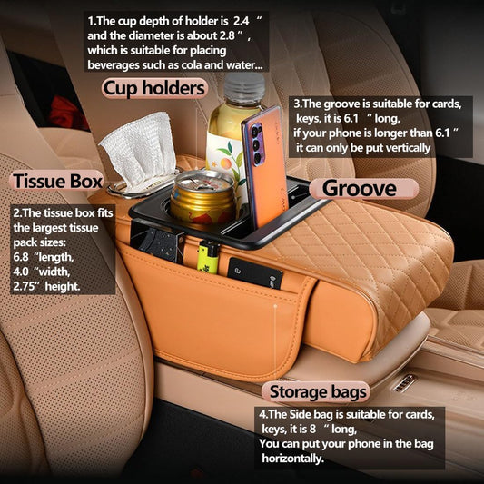 Car Armrest Cushion for SUV with Cup Holder 2.75" Height,5-in-1 Center Console Cover with 2 Storage Bags, Tissue Box Slot, Phone Slot for Sedans, Car Accessories Interior Organizers (Black)