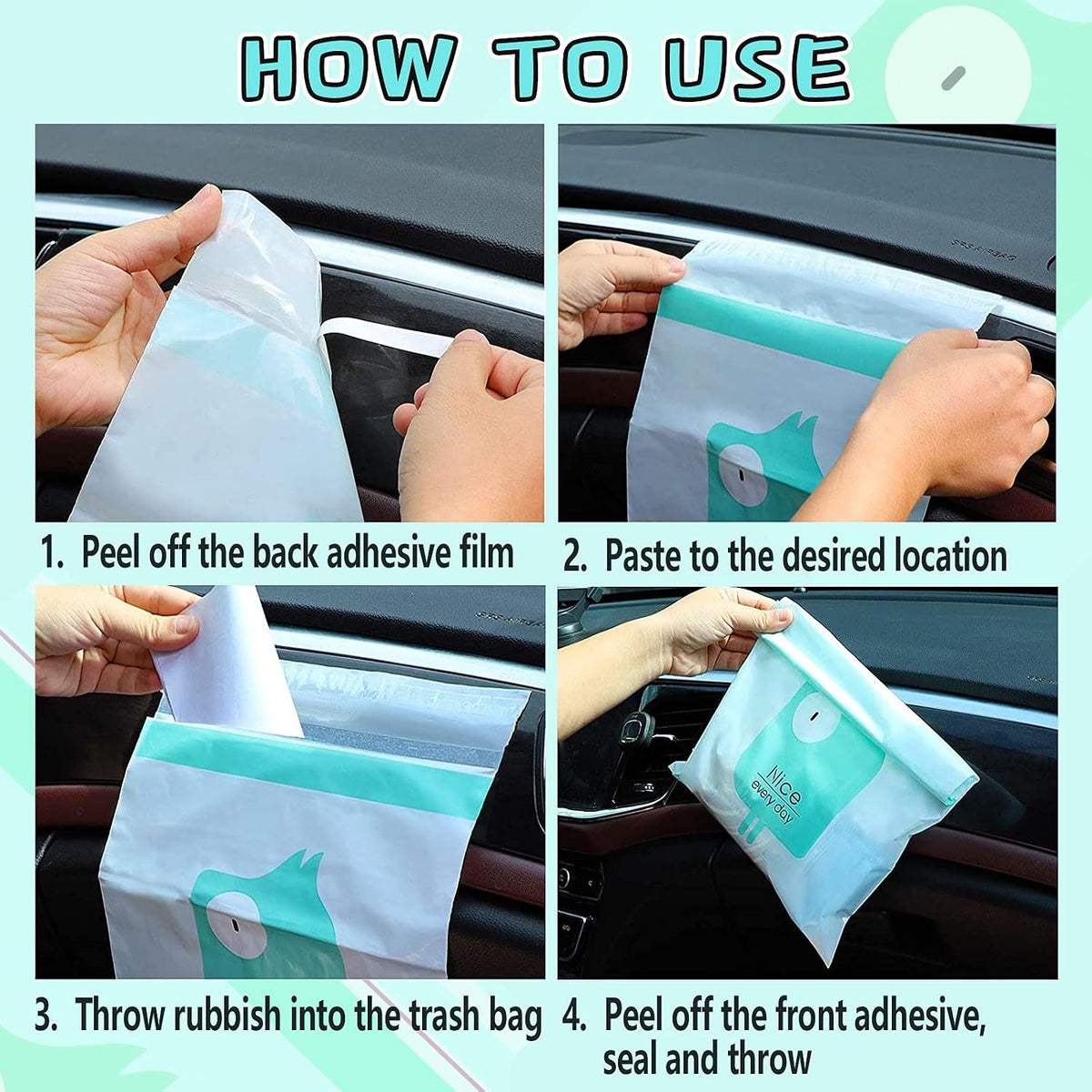 72pcs Car Trash Bags Easy Stick-On Disposable Portable Car Garbage Bags, Waterproof Leak Proof Barf Vomit Bags, Self Adhesive Cleaning Bags for Cars, Bedrooms, Bathrooms, Offices, Kitchens - Pattern A