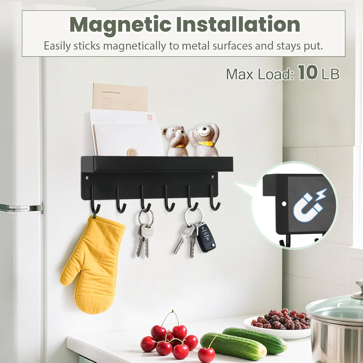 Magnetic Key Holder Wall Mount, Small Key Rack with Tray, Black
