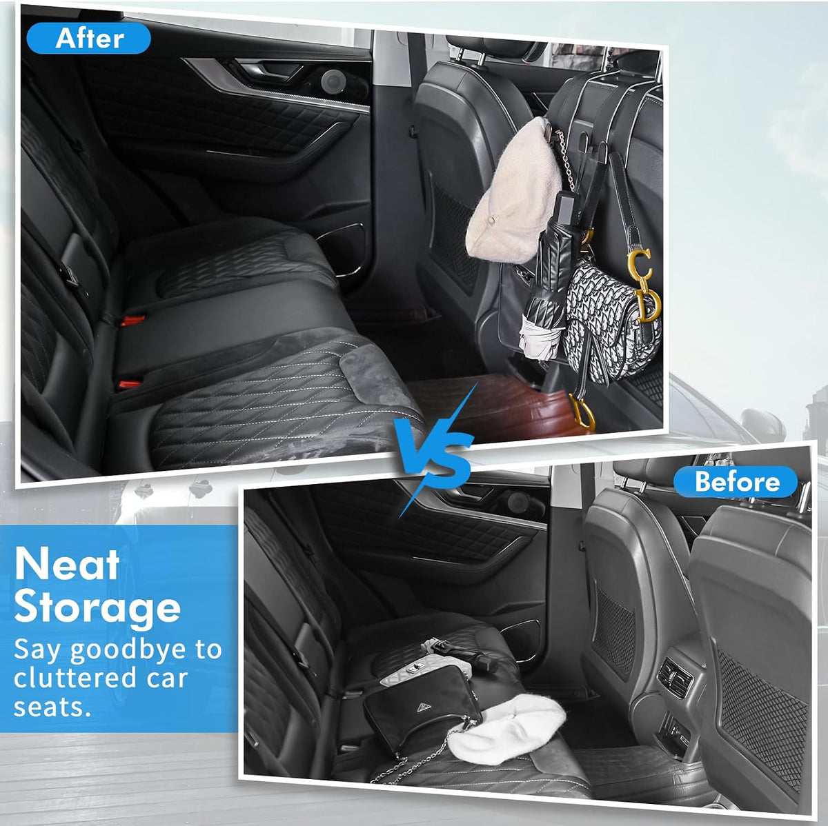 Car Hooks for Headrest, Leather Car Seat Back Storage Organizer Interior Accessories, More Wide & Deep Auto Seat Hook Hangers for Purse Umbrellas Handbag Clothes Coats Grocery Bags (Black-2 Pack)