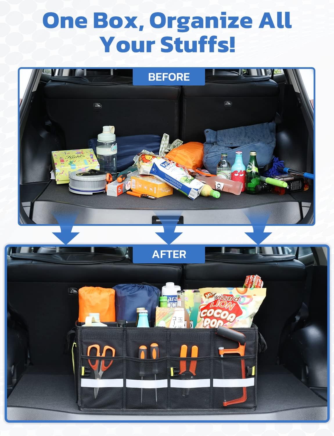 Oasser Car Trunk Organizer with Foldable Soft Lid, 55L 3 Compartments Black