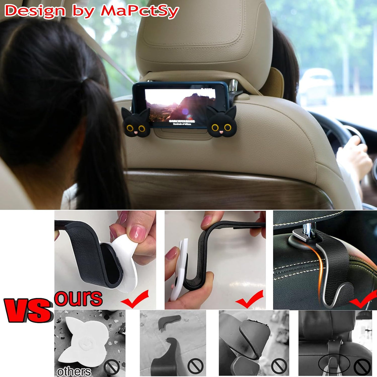 Car Seat Headrest Hooks, 2 Pack Black Cute Cartoon Cat Hook